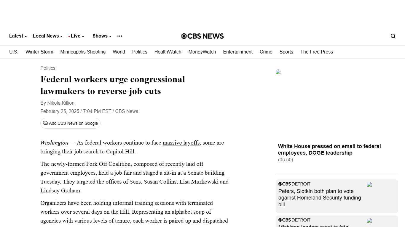 Federal workers urge congressional lawmakers to reverse job cuts - CBS News